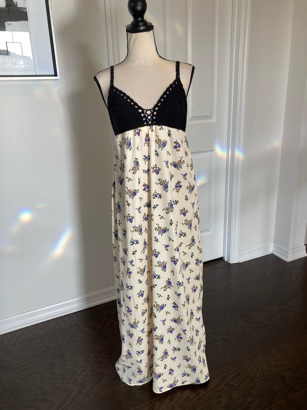 Zara Ivory Floral Dress with Black Crochet Bust